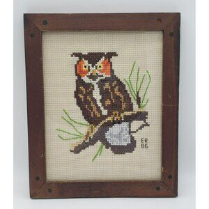 Framed Owl Cross Stitch, Brown Wood, 80s, Cabin Mancave Vintage, 9.5" x 11.5"